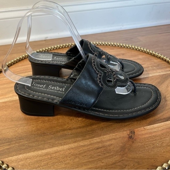 Josef Seibel Black Leather Block Heel Sandal Sz 39 - Picture 5 of 12